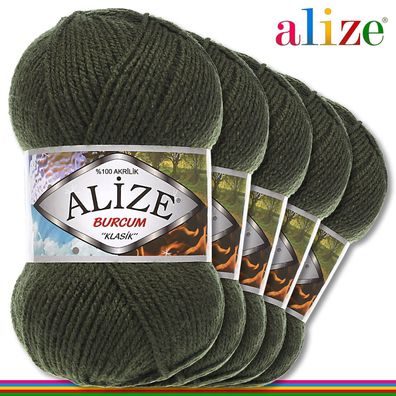 Alize 5 x 100 g Burcum Klassik Wolle 100% Acryl |Moosgrün 29| Stricken | Klasik