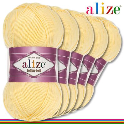 Alize 5 x 100 g Cotton Gold Premium Wolle Baumwolle - Acryl | Hellgelb 187 |