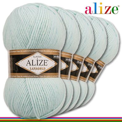 Alize 5 x 100 g Lanagold Premium Wolle 49% Wolle 51% Acryl |Mint 522| Handarbeit