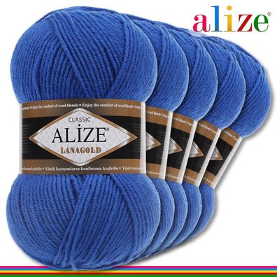 Alize 5 x 100 g Lanagold Premium Wolle 49% Wolle 51% Acryl| Königsblau 141 |