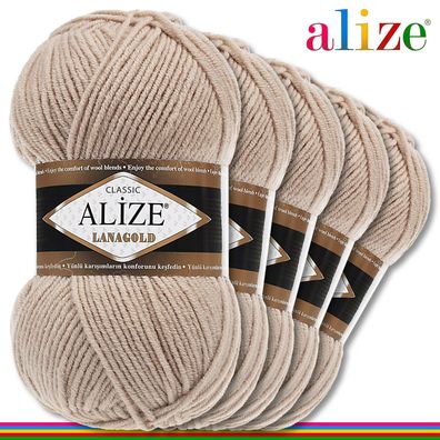 Alize 5 x 100 g Lanagold Premium Wolle 49%-Wolle 51% Acryl |Beige 05|Handarbeit