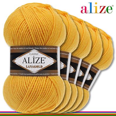 Alize 5 x 100 g Lanagold Premium Wolle 49%Wolle-51%Acryl | Gelb 216 |Handarbeit