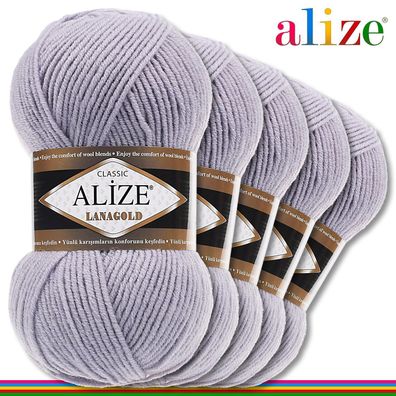 Alize 5 x 100 g Lanagold Premium Wolle 49%Wolle-51%Acryl | Grau 200 |Handarbeit