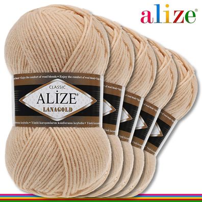 Alize 5 x 100 g Lanagold Premium Wolle 49%Wolle-51%Acryl | Honig 680 |Handarbeit