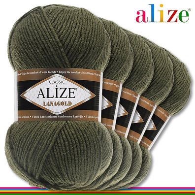 Alize 5 x 100 g Lanagold Premium Wolle 49%Wolle-51%Acryl | Khaki 29 |Handarbeit