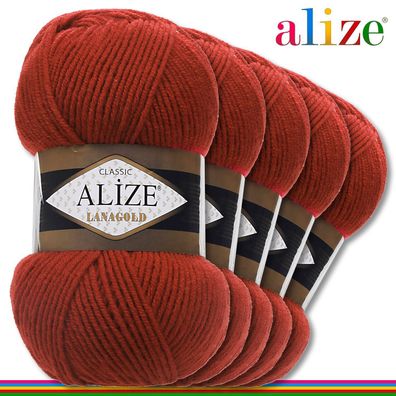 Alize 5 x 100 g Lanagold Premium Wolle 49%Wolle-51%Acryl | Tabak 36 |Handarbeit