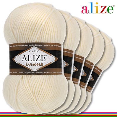 Alize 5 x 100 g Lanagold Premium Wolle 49%Wolle-51%Acryl |Creme 01|Handarbeit