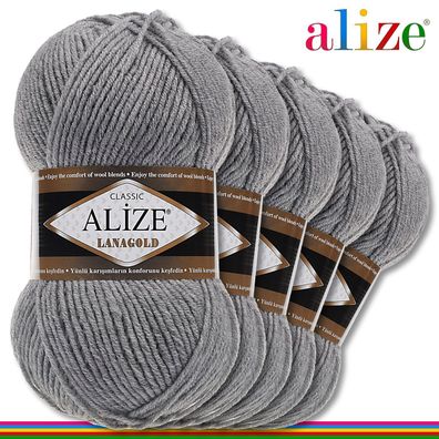 Alize 5 x 100 g Lanagold Premium Wolle 49%Wolle-51%Acryl |Grau Melange 21|