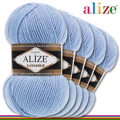 Alize 5 x 100 g Lanagold Premium Wolle 49%Wolle-51%Acryl |Hellblau 40|Handarbeit