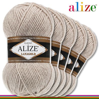 Alize 5 x 100 g Lanagold Premium Wolle 49%Wolle-51%Acryl| Beige Melange 152 |