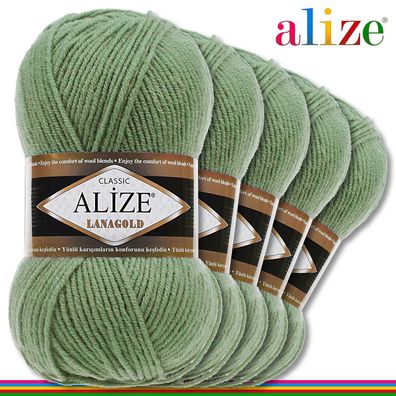 Alize 5 x 100 g Lanagold Premium Wolle 49%Wolle-51%Acryl| Grün 180 | Handarbeit