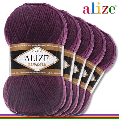 Alize 5 x 100 g Lanagold Premium Wolle 49%Wolle-51%Acryl| Pflaume 111|Handarbeit