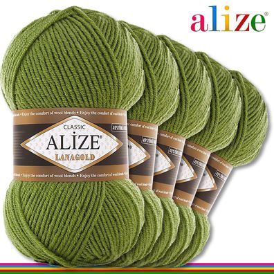 Alize 5 x 100 g Lanagold Premium Wolle 49%Wolle-51%Acryl|Grasgrün 485|Handarbeit