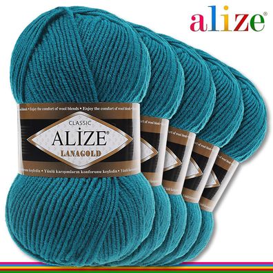 Alize 5 x 100 g Lanagold Premium Wolle 49%Wolle-51%Acryl|Türkis 640 |Handarbeit