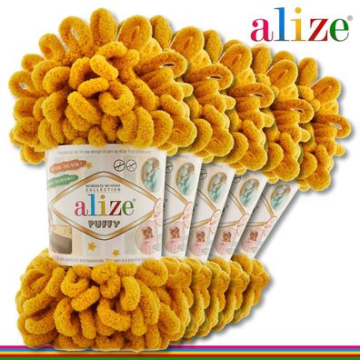 Alize 5 x 100 g Puffy Premium Wolle | 02 Senf | Schlaufenwolle Handstricken