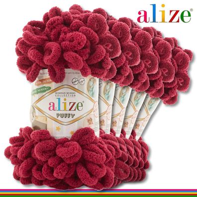 Alize 5 x 100 g Puffy Premium Wolle | 107 Bordeaux| Schlaufenwolle Handstricken
