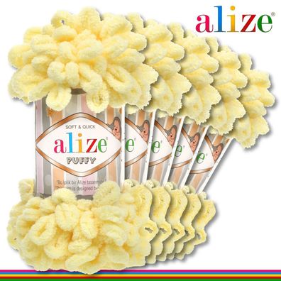 Alize 5 x 100 g Puffy Premium Wolle | 13 Hellgelb | Schlaufenwolle Handstricken