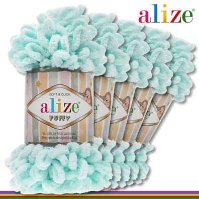 Alize 5 x 100 g Puffy Premium Wolle | 15 Mint | Schlaufenwolle Handstricken