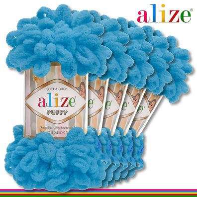 Alize 5 x 100 g Puffy Premium Wolle | 16 Azurblau | Schlaufenwolle Handstricken