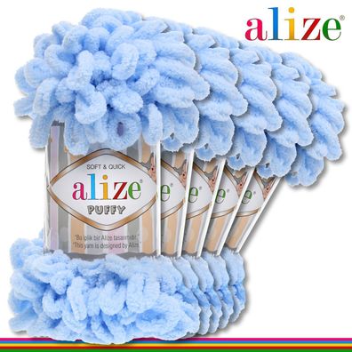 Alize 5 x 100 g Puffy Premium Wolle | 183 Hellblau| Schlaufenwolle Handstricken