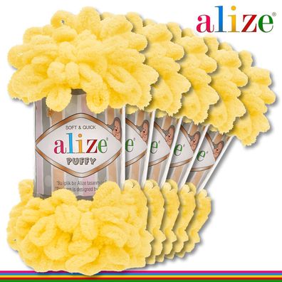 Alize 5 x 100 g Puffy Premium Wolle | 216 Gelb | Schlaufenwolle Handstricken