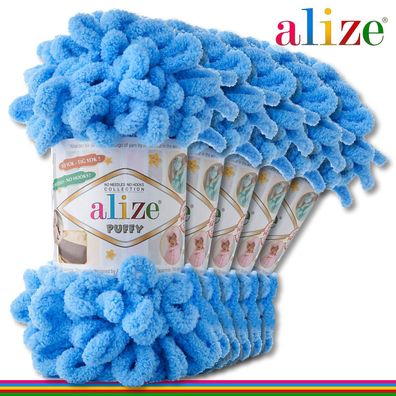Alize 5 x 100 g Puffy Premium Wolle | 289 Blau | Schlaufenwolle Handstricken