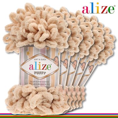 Alize 5 x 100 g Puffy Premium Wolle | 310 Honig | Schlaufenwolle Handstricken