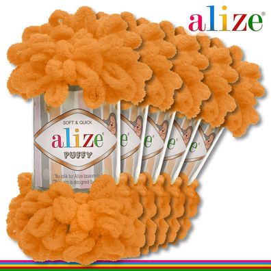 Alize 5 x 100 g Puffy Premium Wolle | 336 Orange | Schlaufenwolle Handstricken