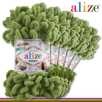 Alize 5 x 100 g Puffy Premium Wolle | 485 Grün | Schlaufenwolle Handstricken