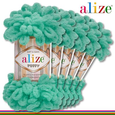 Alize 5 x 100 g Puffy Premium Wolle | 490 Seegrün| Schlaufenwolle Handstricken