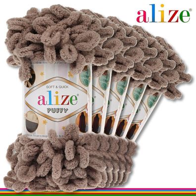 Alize 5 x 100 g Puffy Premium Wolle | 530 Taupe | Schlaufenwolle Handstricken