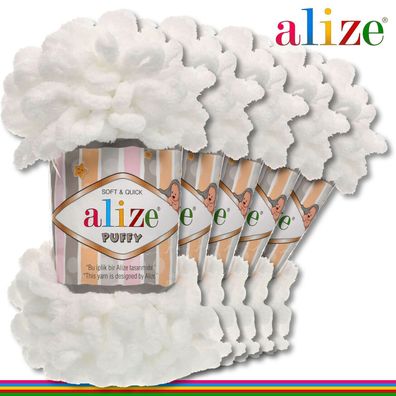 Alize 5 x 100 g Puffy Premium Wolle | 55 Weiß | Schlaufenwolle Handstricken