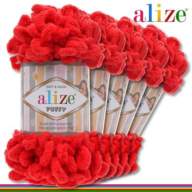 Alize 5 x 100 g Puffy Premium Wolle | 56 Rot | Schlaufenwolle Handstricken