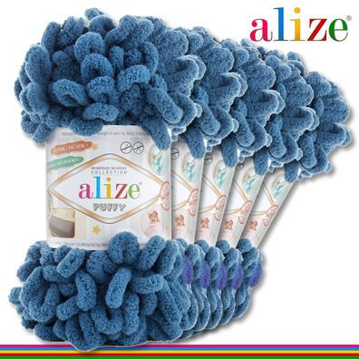 Alize 5 x 100 g Puffy Premium Wolle | 637 Indigo | Schlaufenwolle Handstricken