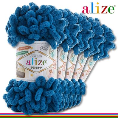Alize 5 x 100 g Puffy Premium Wolle | 646 Petrol | Schlaufenwolle Handstricken