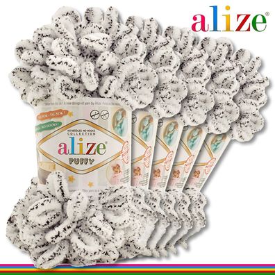 Alize 5 x 100 g Puffy Premium Wolle | 686 Schneeleopard | Handstricken Schlaufen