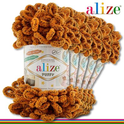 Alize 5 x 100 g Puffy Premium Wolle | 717 Tiger | Schlaufenwolle Handstricken