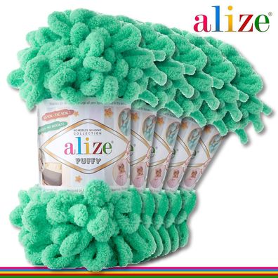 Alize 5 x 100 g Puffy Premium Wolle | 741 Türkis | Schlaufenwolle Handstricken