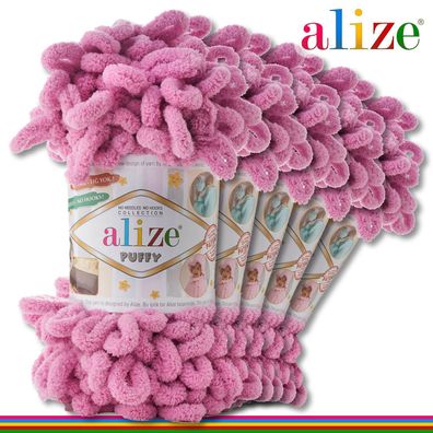 Alize 5 x 100 g Puffy Premium Wolle | 98 Rose | Schlaufenwolle Handstricken