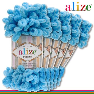 Alize 5 x 100 g Puffy Premium Wolle |287 Himmelblau|Schlaufenwolle Handstricken