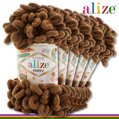 Alize 5 x 100 g Puffy Premium Wolle |321 Mokka| Schlaufenwolle Handstricken