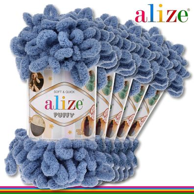 Alize 5 x 100 g Puffy Premium Wolle |374 Blau| Schlaufenwolle Handstricken