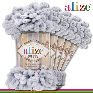 Alize 5 x 100 g Puffy Premium Wolle |416 Hellgrau| Schlaufenwolle Handstricken