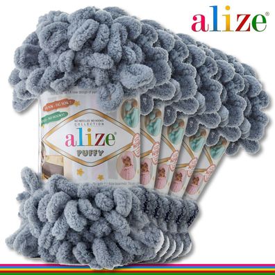 Alize 5 x 100 g Puffy Premium Wolle |428 Grau | Schlaufenwolle Handstricken
