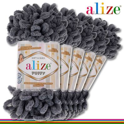 Alize 5 x 100 g Puffy Premium Wolle |87 Dunkelgrau| Schlaufenwolle Handstricken
