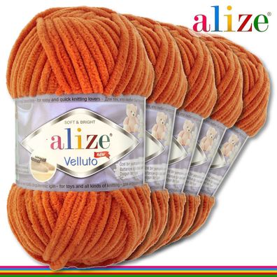 Alize 5 x 100 g Velluto Premium Wolle | 06 Orange | Chenillegarn Samtwolle