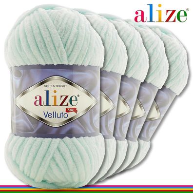 Alize 5 x 100 g Velluto Premium Wolle | 15 Mint |Chenillegarn Samtwolle