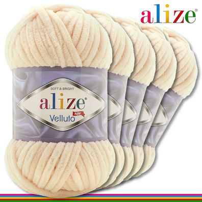 Alize 5 x 100 g Velluto Premium Wolle | 310 Honig | Chenillegarn Samtwolle