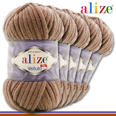 Alize 5 x 100 g Velluto Premium Wolle | 329 Tabak | Chenillegarn Samtwolle