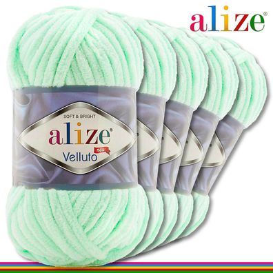 Alize 5 x 100 g Velluto Premium Wolle | 464 Hellgrün | Chenillegarn Samtwolle